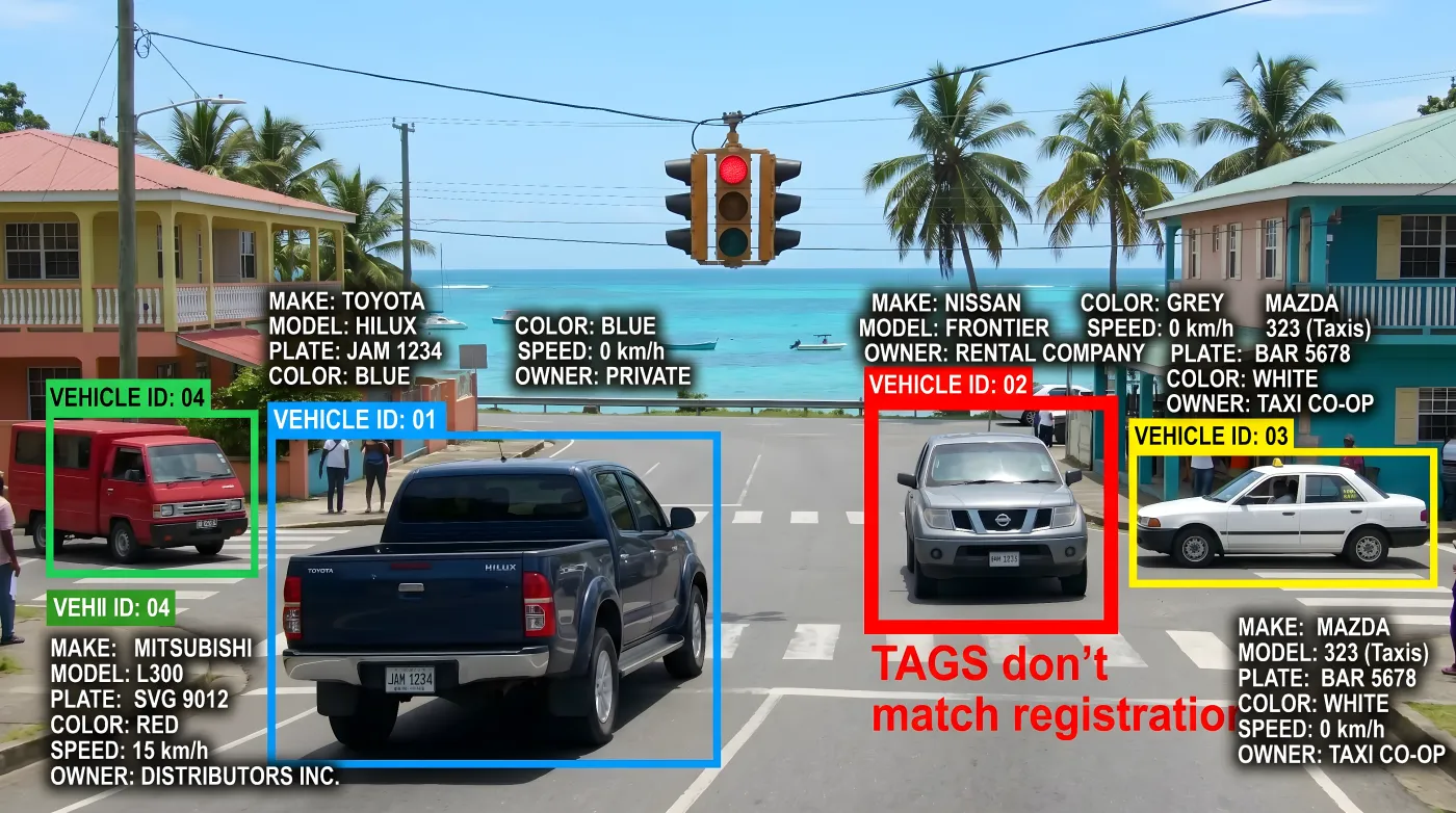 Intersection with four tagged vehicles, each annotated with make, model, plate, and tag-to-VIN reconciliation status